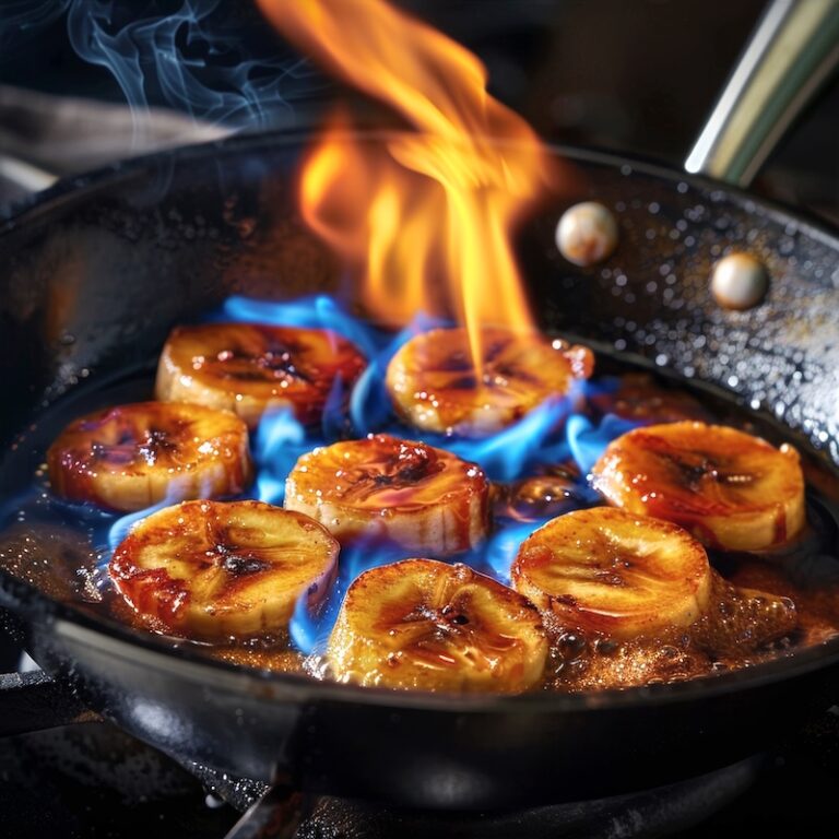 Bananas Foster flambe in a skillet