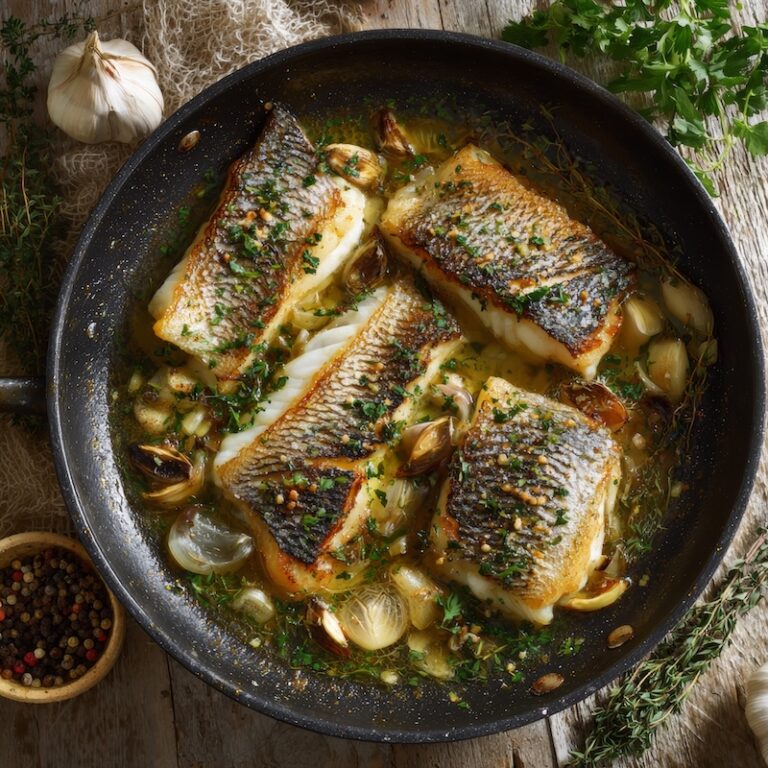 Sea bass fillet gently braising in pan with white wine, garlic, and herbs