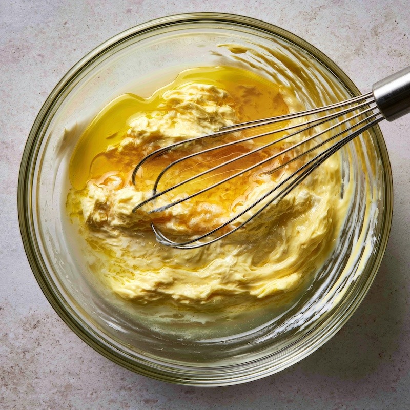 A broken, curdled batch of mayonnaise in a glass bowl visibly split