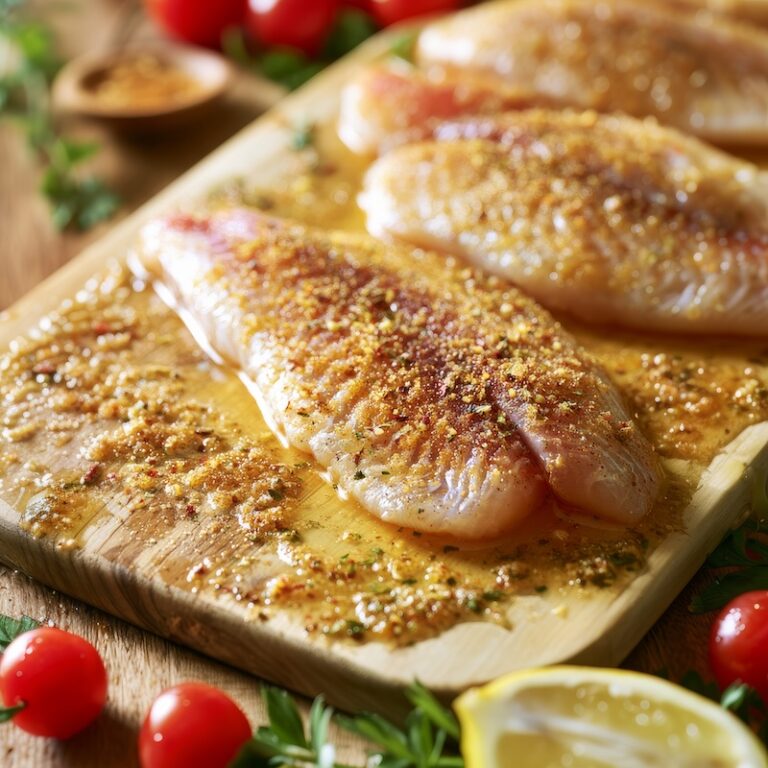 Raw tilapia fillets being coated with the brown sugar marinade mixture on a cutting board