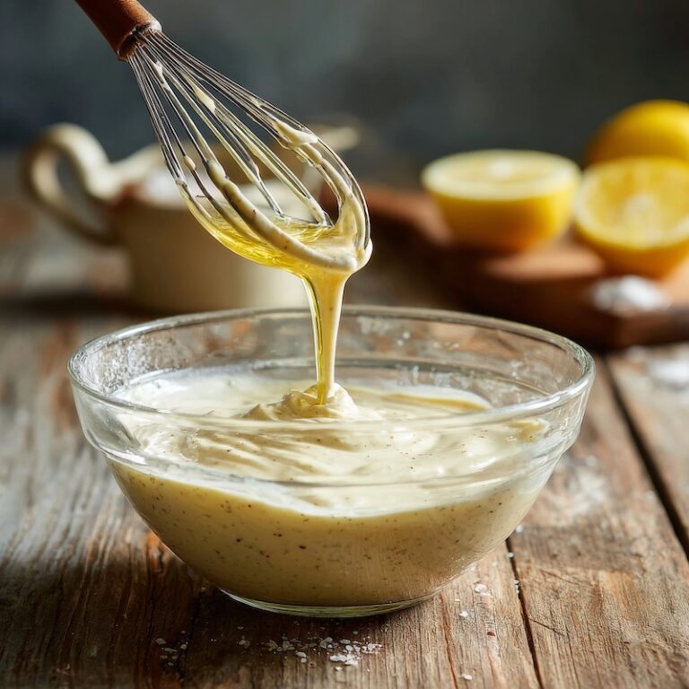 Small glass bowl of Caesar dressing mid-whisk