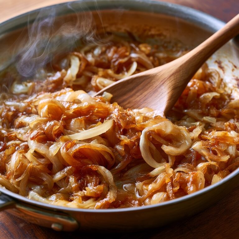 stainless skillet filled with deeply caramelized onions
