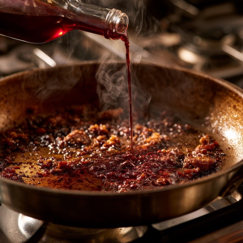 a skillet being deglazed with port, dark browned bits visible lifting off the pan surface
