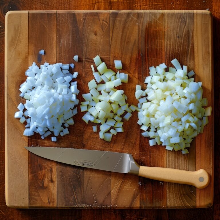 a wooden cutting board with three piles of diced yellow onion arranged left to right