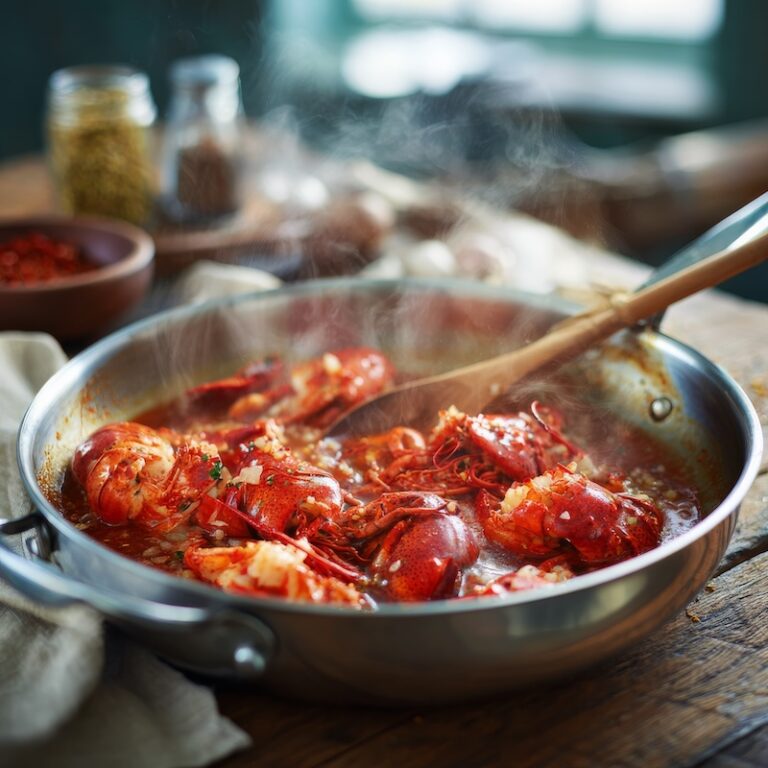 lobster meat simmering in spicy tomato garlic sauce inside a wide stainless saute pan