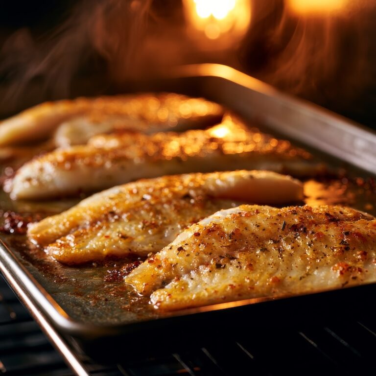 Tilapia fillets on a sheet pan going into the oven