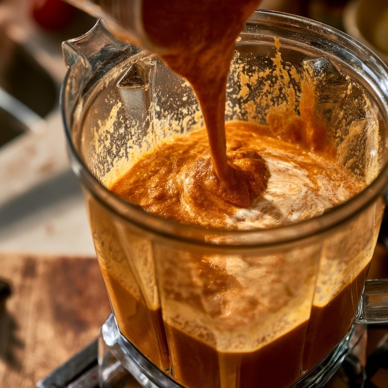 the sauce a warm golden-orange from turmeric and tomatoes, coconut milk visible swirling in