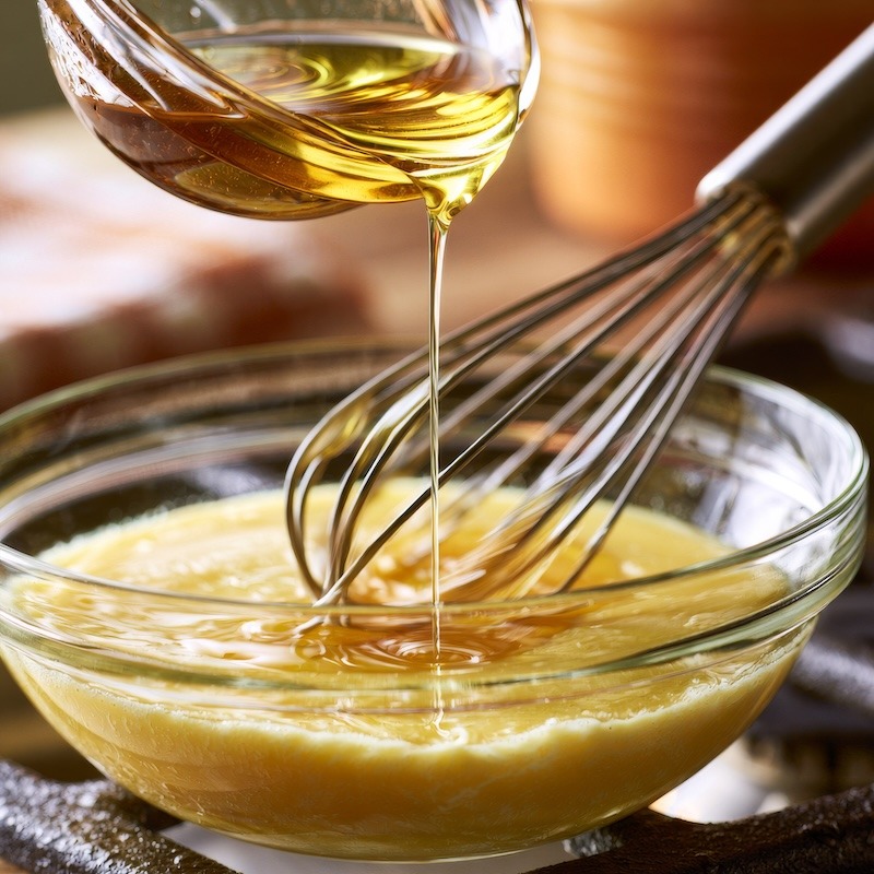 Oil being drizzled in a thin stream into a bowl of pale yolk mixture mid-whisk