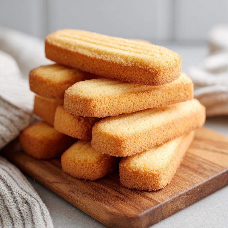 Fresh golden ladyfingers neatly stacked on a wooden cutting board, showing their soft interior and slightly crisp edges, photographed in warm natural light with a neutral kitchen background, ready for use in tiramisu preparation.