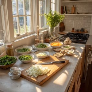 A bright, inviting home kitchen scene showing mise en place in action