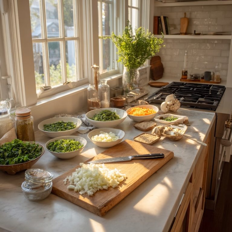A bright, inviting home kitchen scene showing mise en place in action