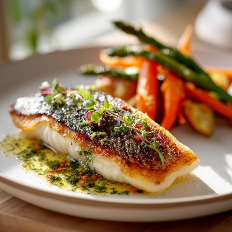 A perfectly cooked pan-roasted sea bass fillet with golden, crispy skin, plated on a white ceramic dish