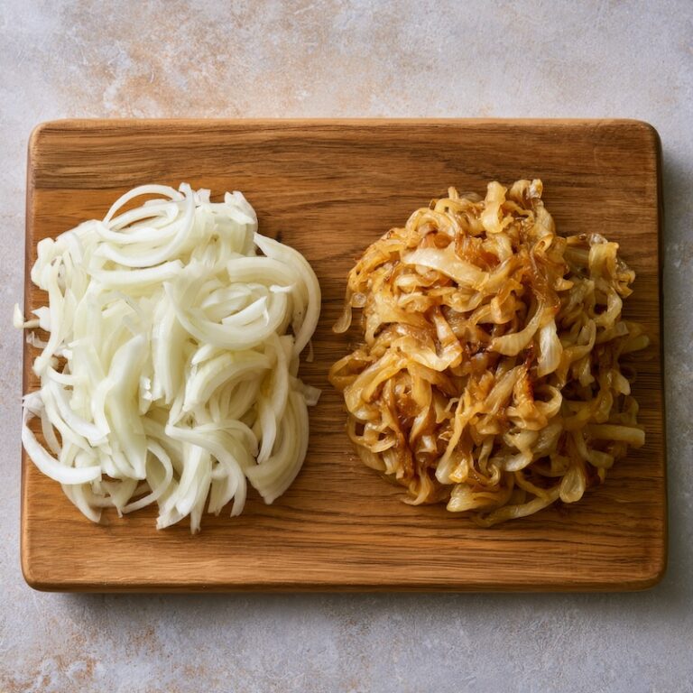 Two side-by-side piles of sliced onions on a wooden cutting board one raw and white, one deeply golden and soft after caramelizing