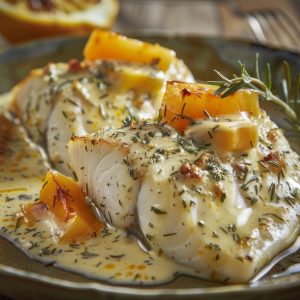 Sea Bass with Papaya and Roquefort Cheese Sauce Recipe