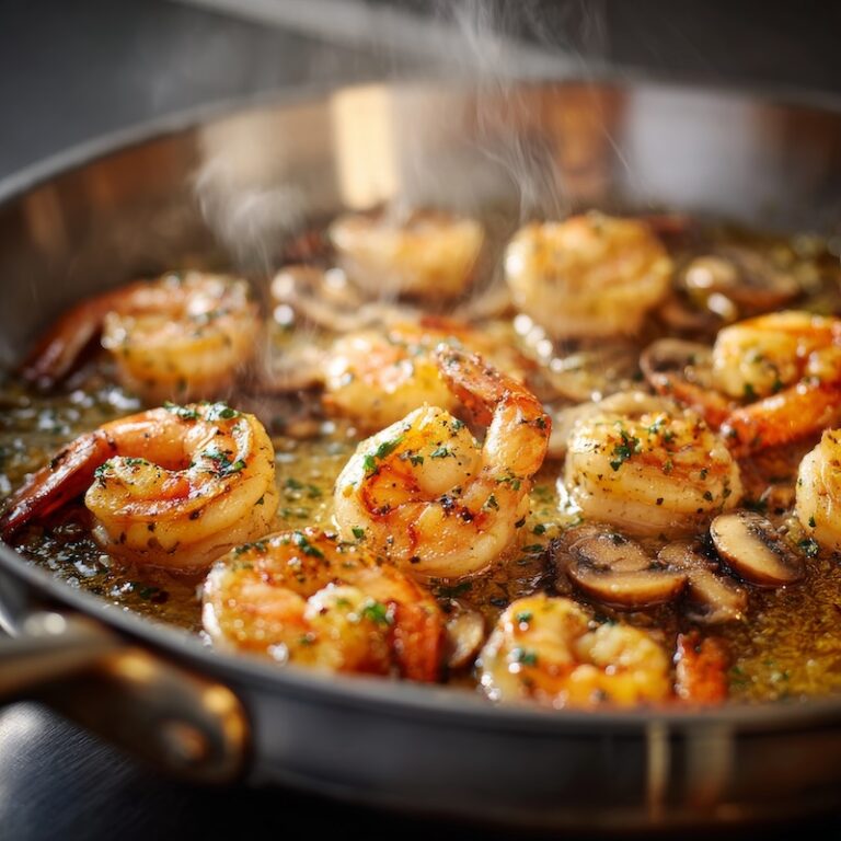 Large Gulf shrimp sauteeing in butter and garlic in a stainless steel skillet
