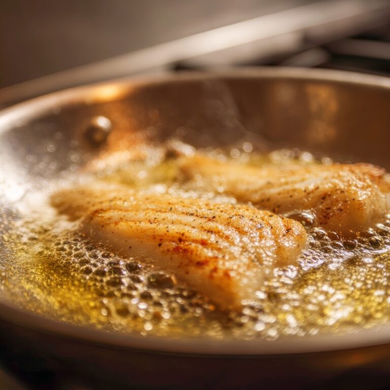 thin sole fillet cooking in butter in stainless steel pan