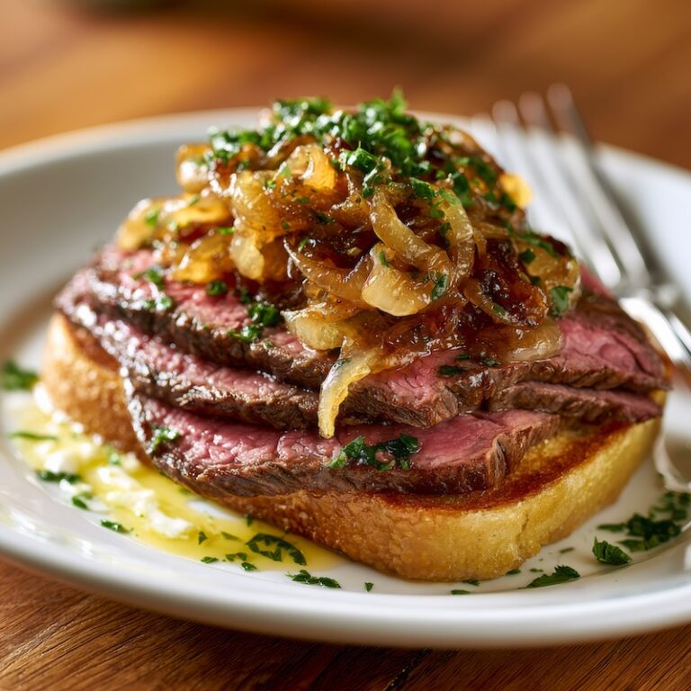 thinly sliced sirloin steak layered over a of toast on a white plate, a generous pile of caramelized onions draped over the top