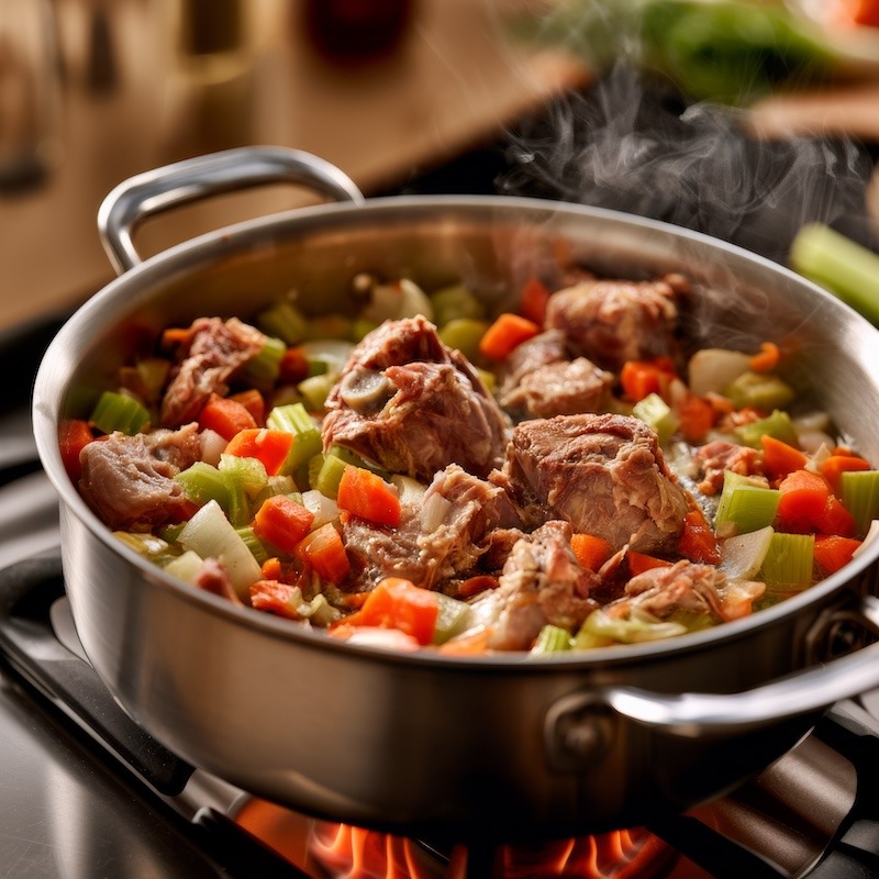 Turkey neck and giblets browning in a saucepan alongside chopped carrot, celery, and onion