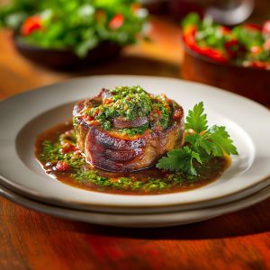 A beautifully plated veal osso buco shank, braised to golden perfection, topped with a bright green gremolata