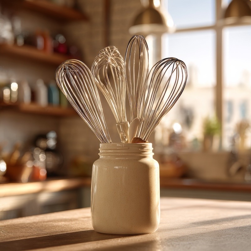 Four different types of whisks - balloon, flat, French, and coil - sticking out of a neutral ceramic jar.