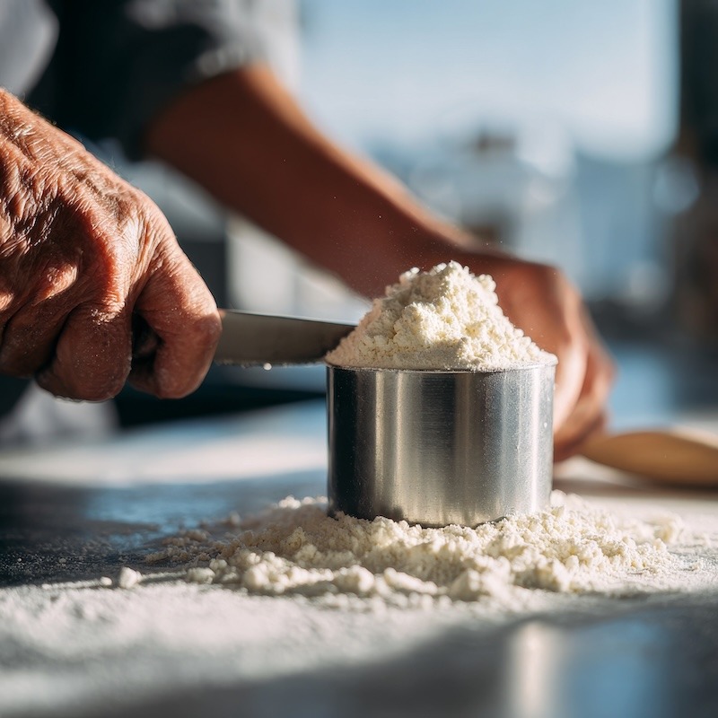 A home cook's hand leveling a cup of flour with the back of a knife on a bright kitchen countertop.