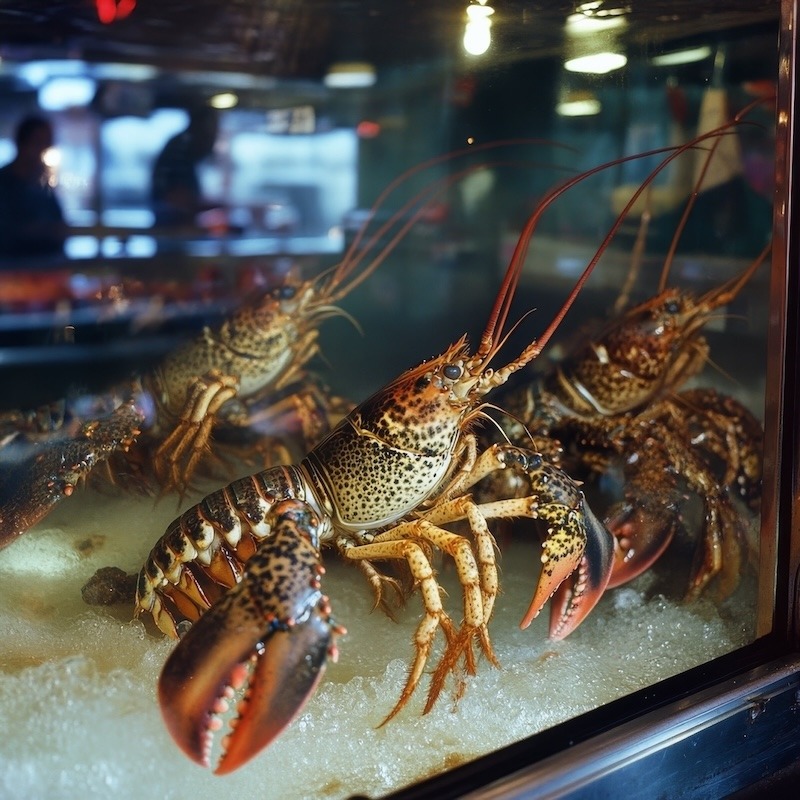 Lobsters in a tank at seafood market