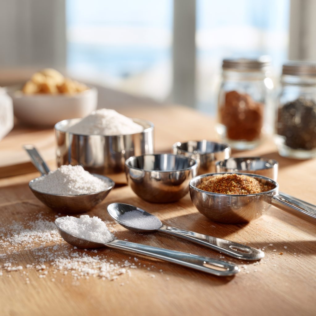 A collection of measuring spoons and measuring cups on a kitchen work table.