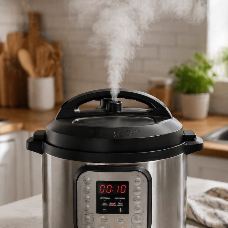 A pressure cooker releasing steam