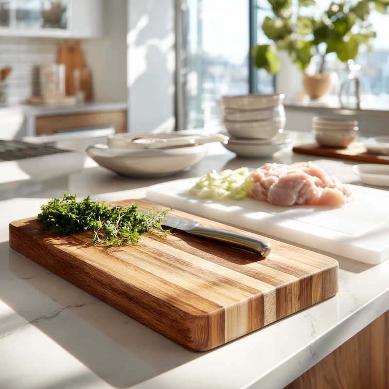two cutting boards are placed side by side