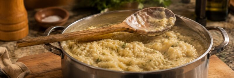 A wooden spoon stirring risotto