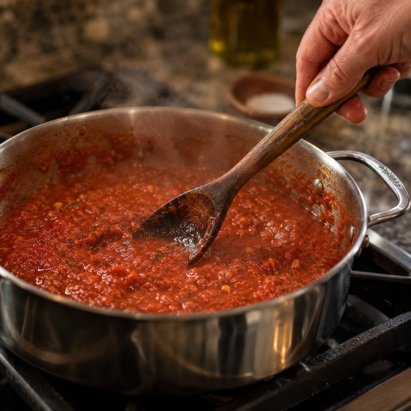 A wooden spoons stirring tomato sauce