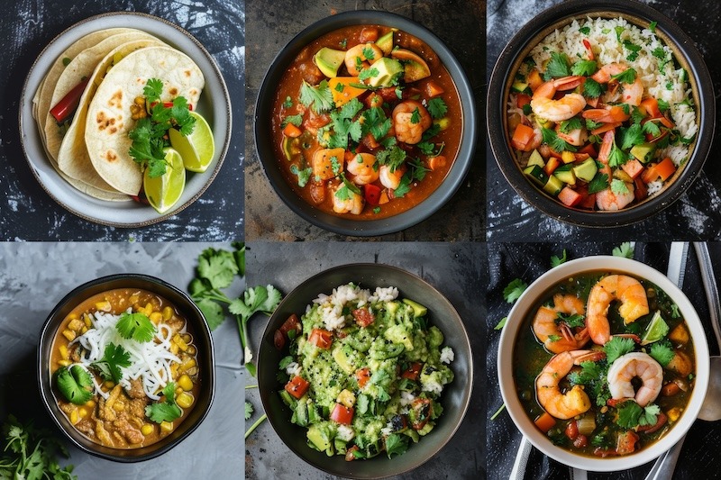 Six different dishes finished with fresh cilantro.