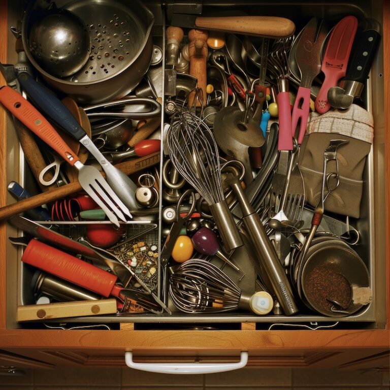 kitchen utensil drawer bursting with random gadgets and tools