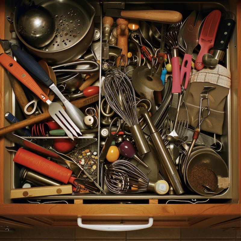 kitchen utensil drawer bursting with random gadgets and tools