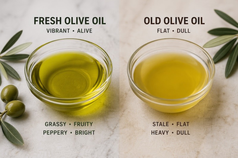 Fresh olive oil compared to dull, dated olive oil
