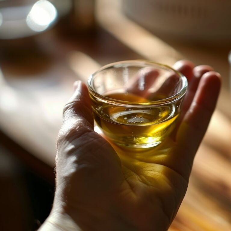 a hand gently cupping a small glass of olive oil