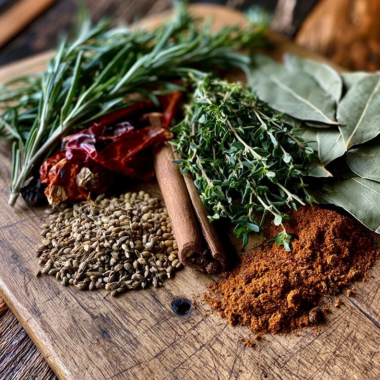 A wooden surface with twelve to fifteen whole spices and fresh herbs