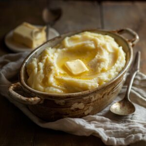 Creamy mashed potatoes in a large, oval rustic ceramic bowl with handles
