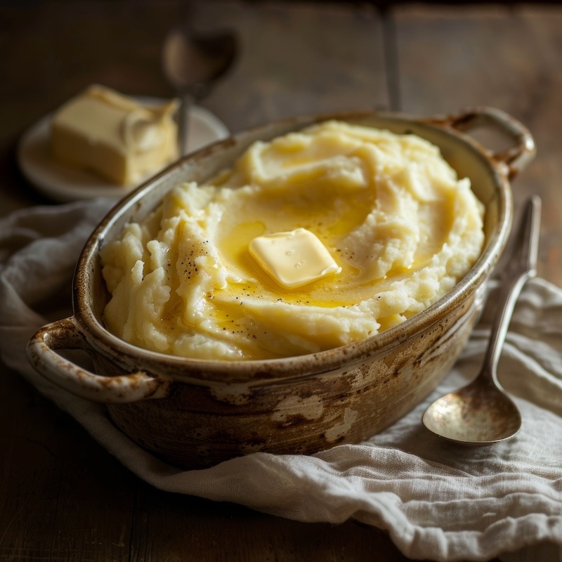 Creamy mashed potatoes in a large, oval rustic ceramic bowl with handles