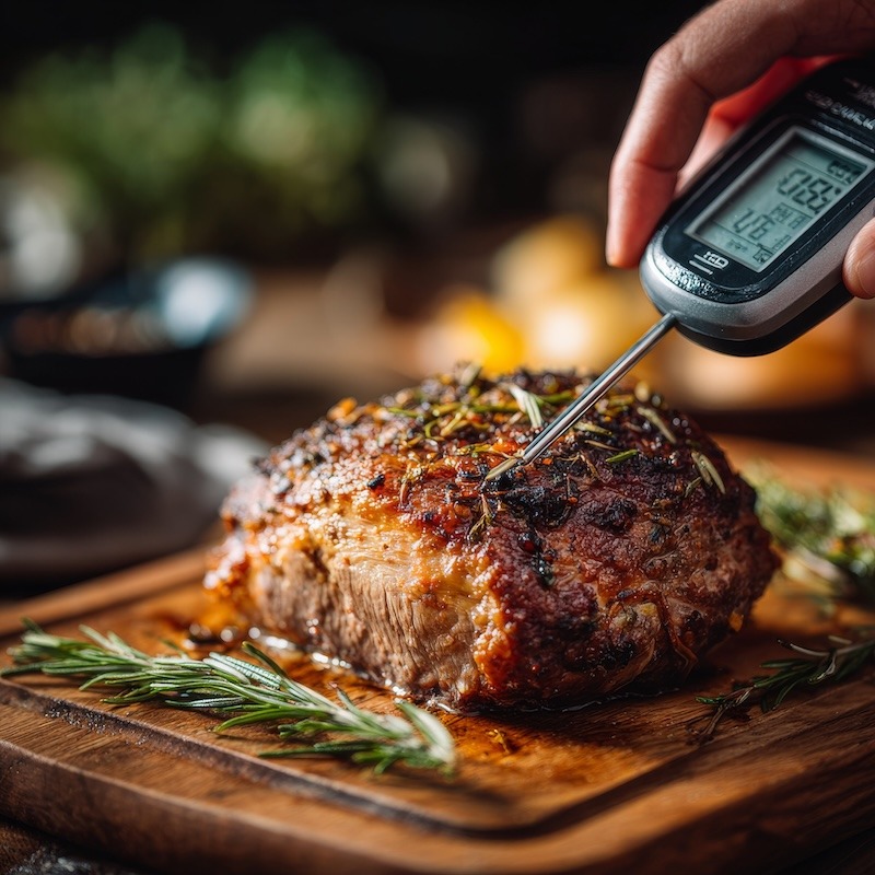 An instant-read thermometer inserted into a small roast on a wooden cutting board.