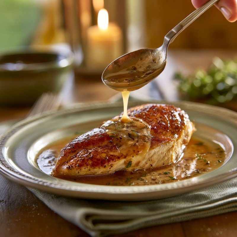 A glossy pan sauce being spooned over a rested, seared chicken breast on a plate