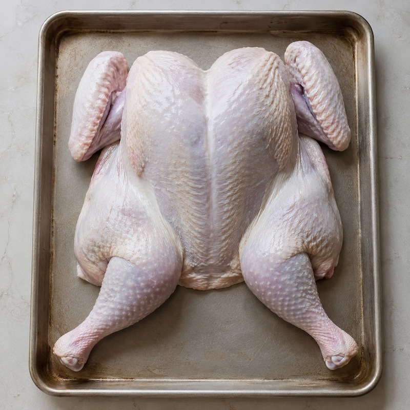 A spatchcocked turkey on a roasting pan