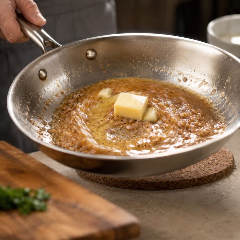 Butter swirling in a frying pan for pan sauce