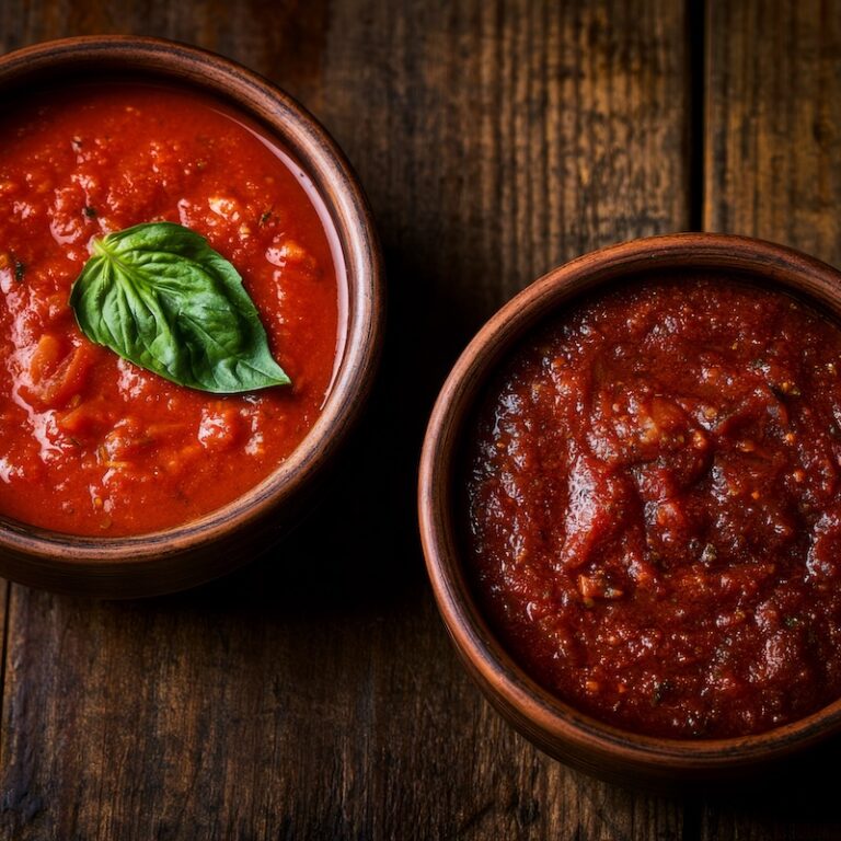 Two side-by-side bowls of the same tomato sauce one with a single fresh basil leaf placed on top just before serving, one visibly over-reduced and dark.