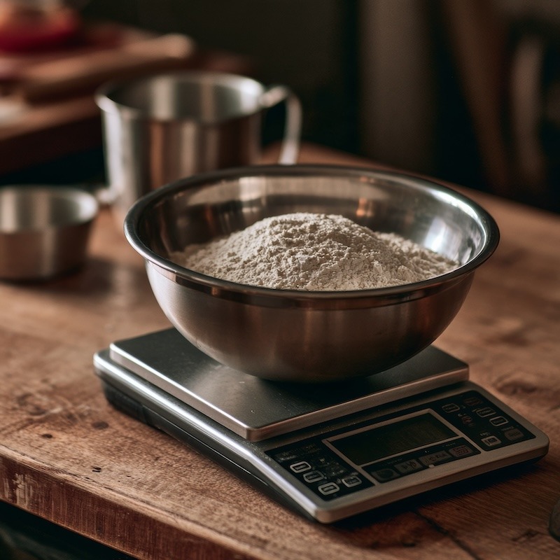 A digital kitchen scale on a wooden counter with a stainless steel bowl of flour mid-weighing