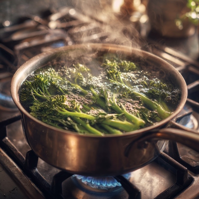 Broccoli is cooking at a simmer.