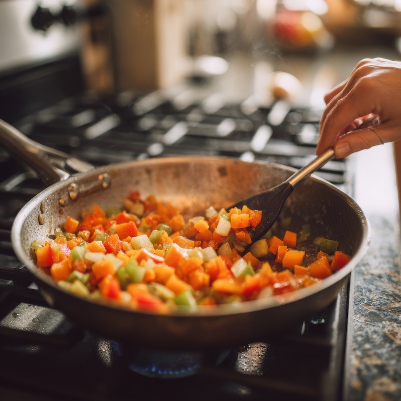 stirring a few diced vegetables in a saute pan on a gas stove.
