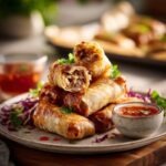 crispy baked pork spring rolls stacked on a ceramic plate