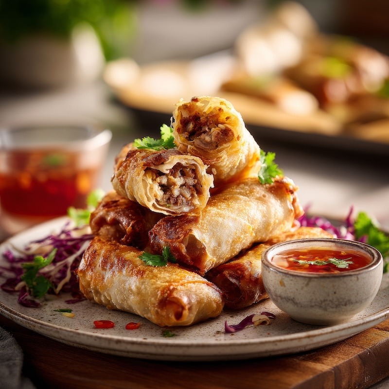 crispy baked pork spring rolls stacked on a ceramic plate
