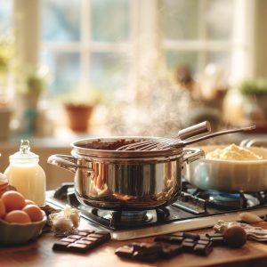A clean, bright kitchen scene with a double boiler setup on a stovetop.